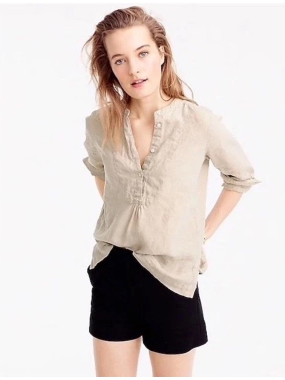 J.Crew Baird McNutt Irish Linen Long Sleeve Popover Top In Oatmeal Sz 8 Neutral - Picture 11 of 11